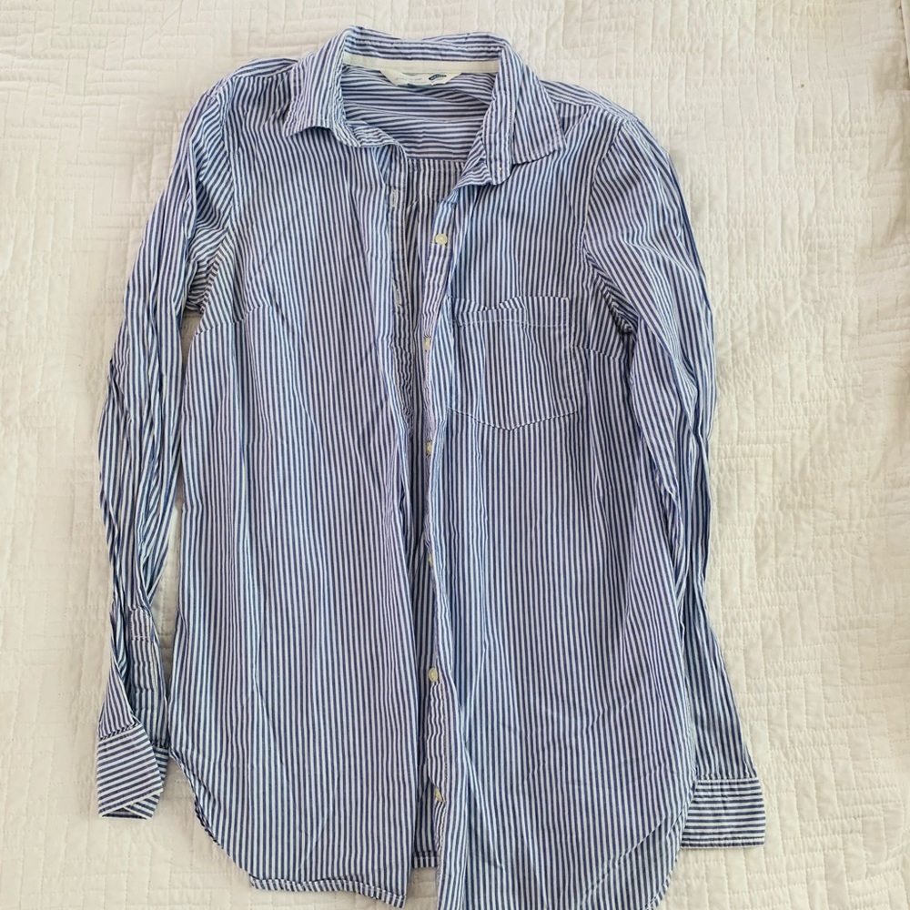 Tunic blue pin striped button down dress shirt